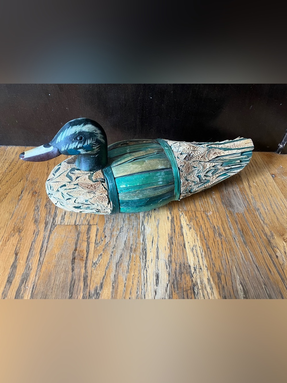 Vintage Folk Art Duck Decoy, Woven Reed & Carved Wood, Rustic Mallard